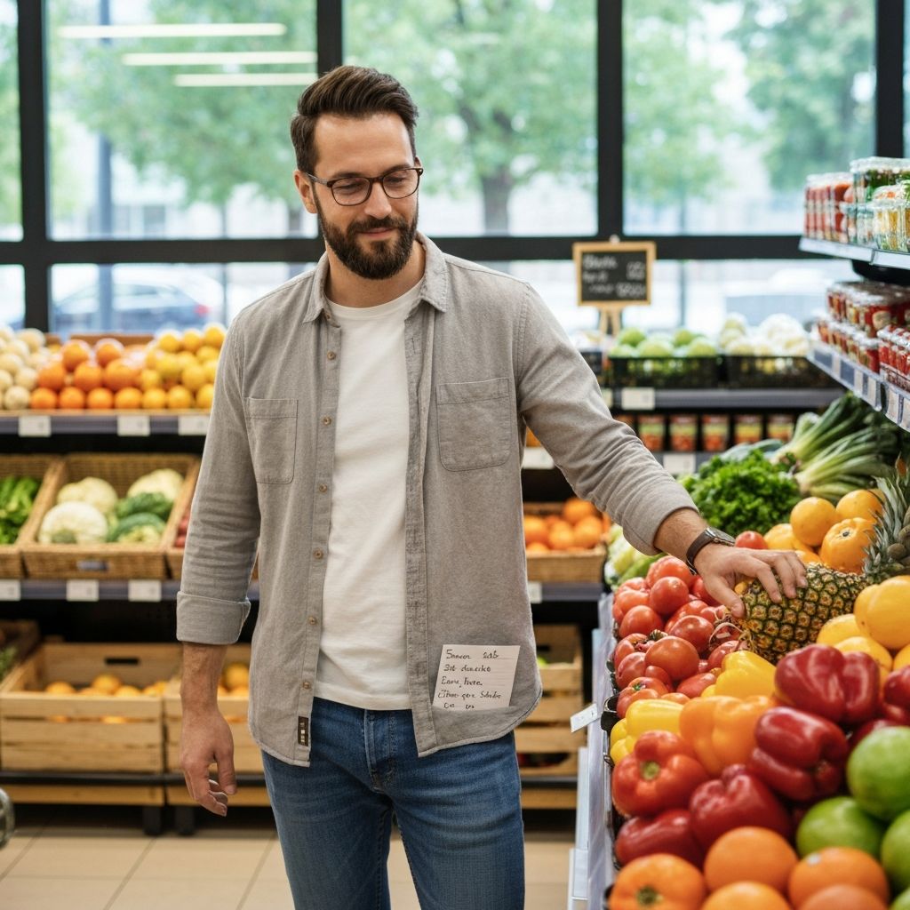 Person at grocery store browsing fresh produce with a shopping list