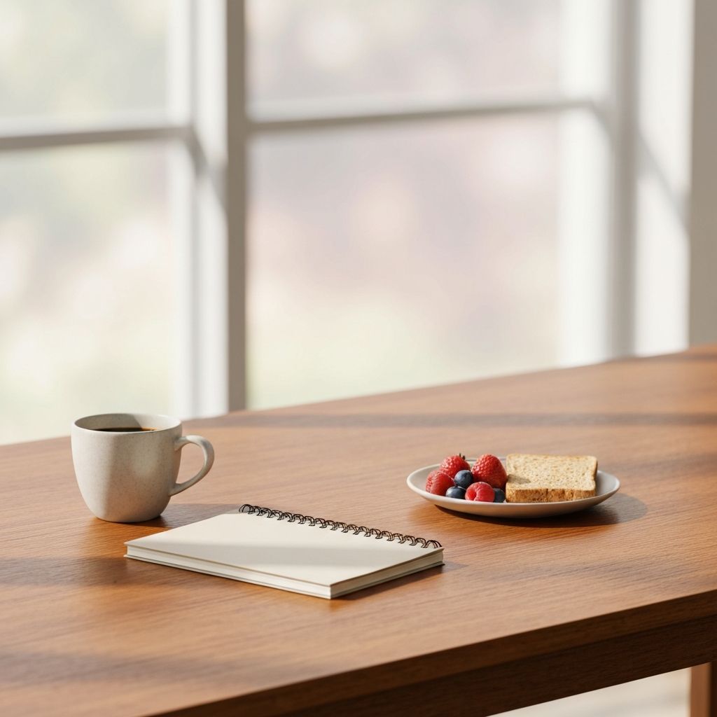 Calm desk workspace with coffee, notebook, and healthy snacks in natural light